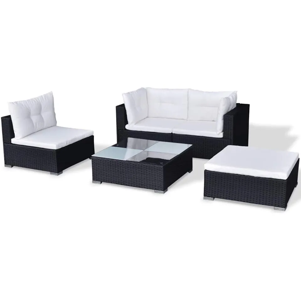 vidaXL 5-delige Loungeset met kussens poly rattan zwart, foto 2