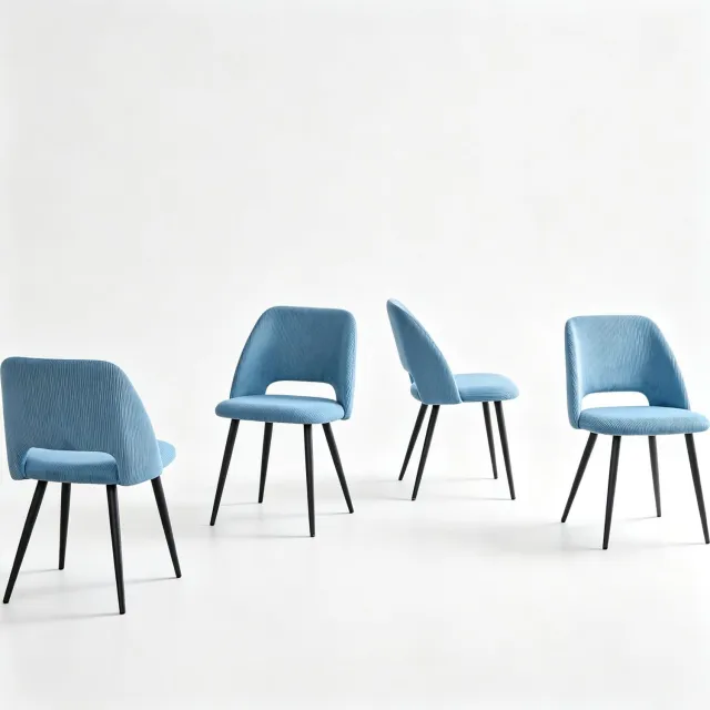 HAUSS SPOLE Eetkamerstoelen - Set van 4 - Ribstof met Zachte Zitting en Gebogen Rugleuning - Voor Eetkamer en Keuken - Metalen Poten - Blauw