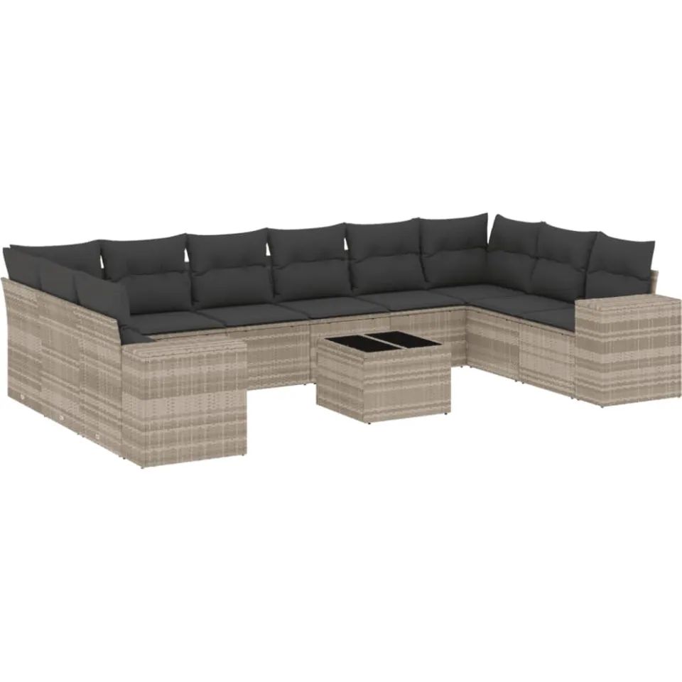 vidaXL 11-delige Loungeset met kussens poly rattan lichtgrijs