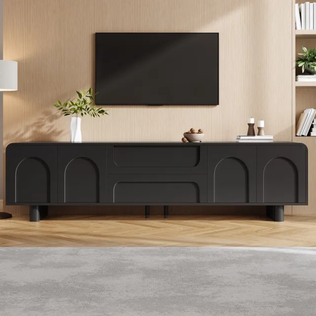 Pugsdrly TV-kast, moderne tv-lowboard met ronde hoeken, tv-tafel voor in de woonkamer, kast met deuren en lades, minimalistisch design dressoir met opbergruimte Zwart