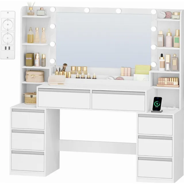 Sierra , Grote Kaptafel met 3 Kleuren Ledverlichting, Make-uptafel met Spiegel en Verlichting, Stopcontacten, Haardrogerhouder, 8 Laden, Meerdere Open Opbergruimtes, 40 × 135 × 145,2 cm, Wit-Zilver
