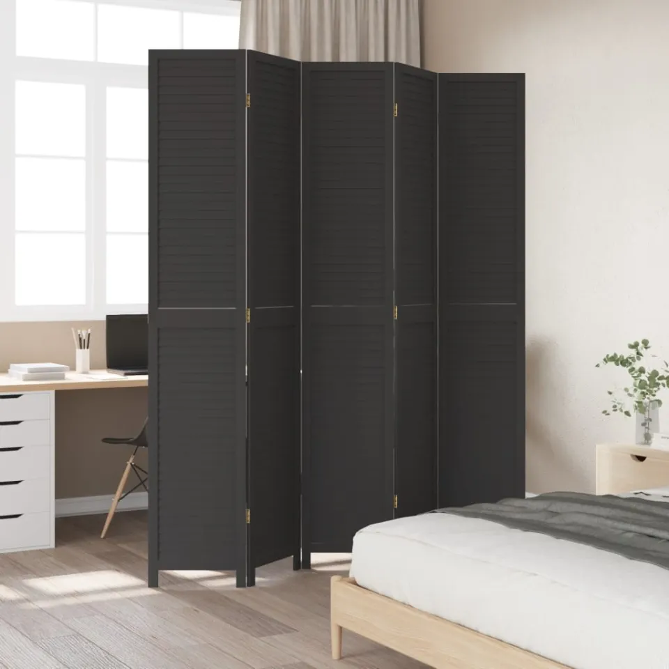 vidaXL Kamerscherm met 5 panelen massief paulowniahout zwart, foto 3