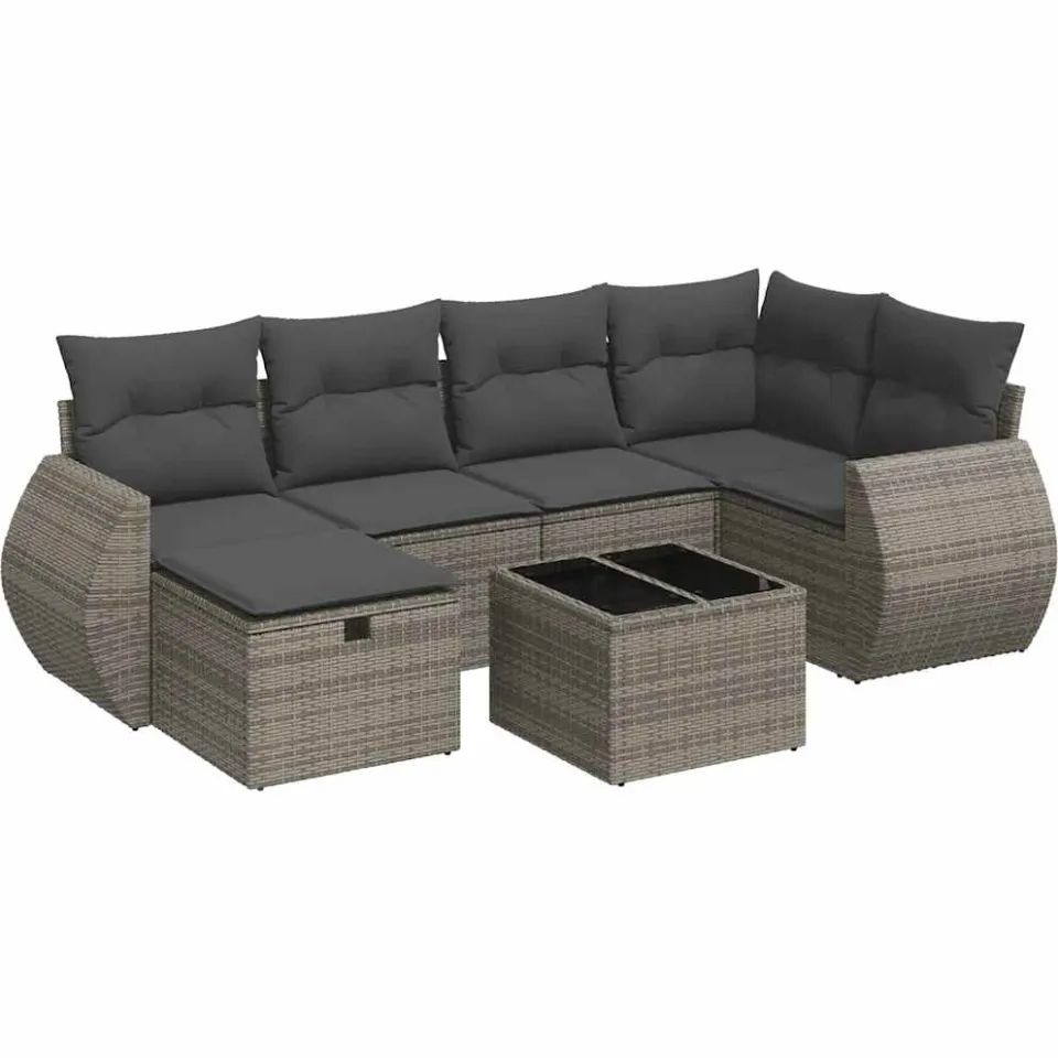 vidaXL 7-delige Loungeset met kussens poly rattan grijs, foto 3