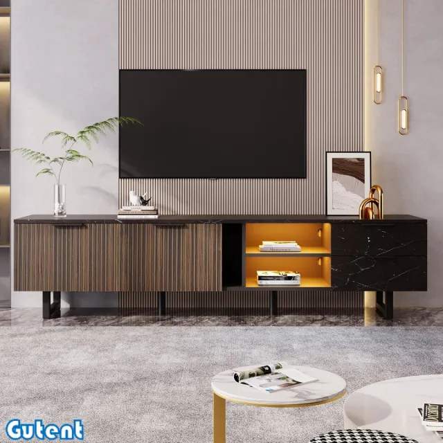 Gutent TV-kast - Zwart - Deuren met donkere houtnerf - Verstelbare LED-verlichting - Twee deuren en twee laden Zwart + Houtnerf