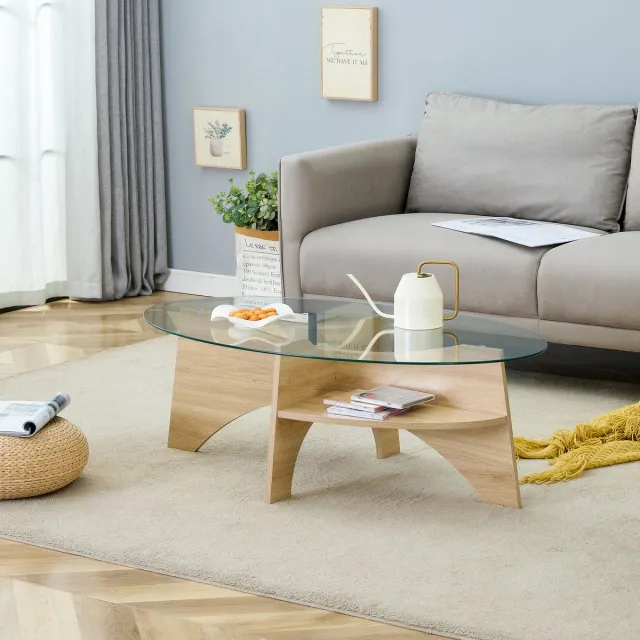 Clruro Salontafel - 104.9 × 60 cm - Ovaal Veilig Glas met Fächer Onderstel en Opbergruimte - Modern Design - Glas MDF - Wit Transparant