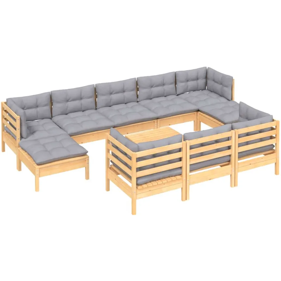 vidaXL 11-delige Loungeset met grijze kussens massief grenenhout Grijs