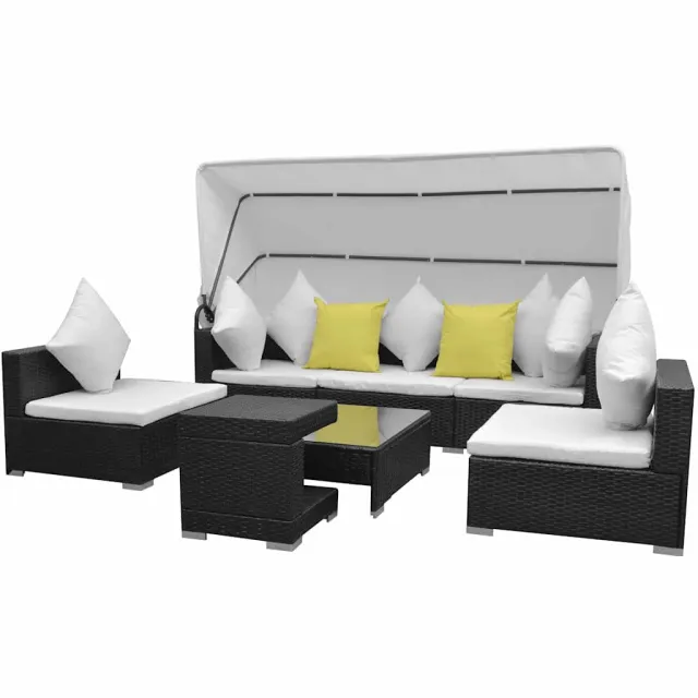 vidaXL 7-delige Loungeset met luifel poly rattan zwart