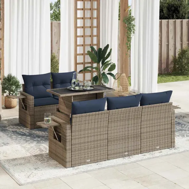 vidaXL 6-delige Loungeset met kussens poly rattan grijs, foto 2