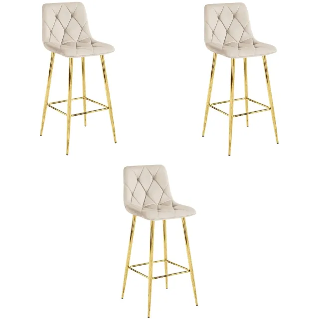 LEOBERT Set van 3 Barkrukken NADO – Beige Velvet / Fluweel – Gestoffeerde Barstoelen met Rugleuning en Voetsteun – Goudkleurige Metalen Poten – Modern Design – Voor Keukeneiland, Keuken, Bartafel en Thuisbar