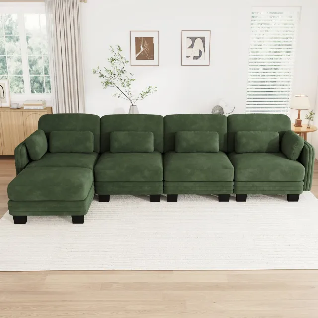 STILVORA Hoekbank 330 x 143 x 88 cm - Modulaire 4-Zits met Verplaatsbare Kussens en Voetenbank - voor Woonkamer en Appartement - Chenille - Groen