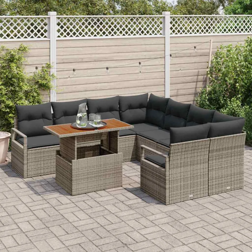 vidaXL Tuin Sofa Set 9 st Grijs Poly riet, foto 3