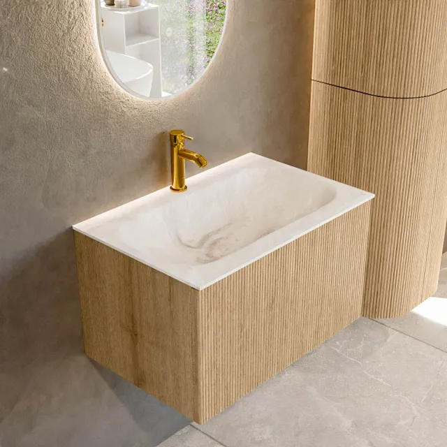 Mondiaz KURVE-DLUX 70 cm Onderkast Greeploos 1 Lade Zonder Deuren Oak, Wastafel Solid Surface Volledig Frappe 1 Kraangat Zonder Spiegel (KRVBGS701L0D1KM-Oak/Fra)