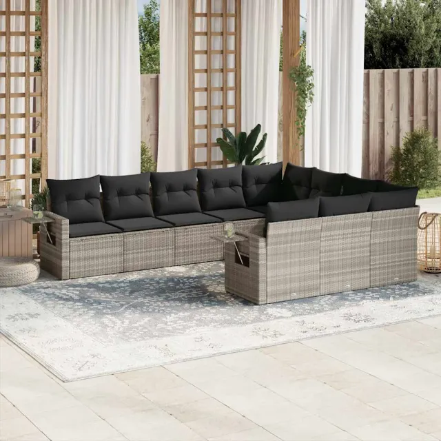 vidaXL 10-delige Loungeset met kussens poly rattan lichtgrijs grijs, foto 2
