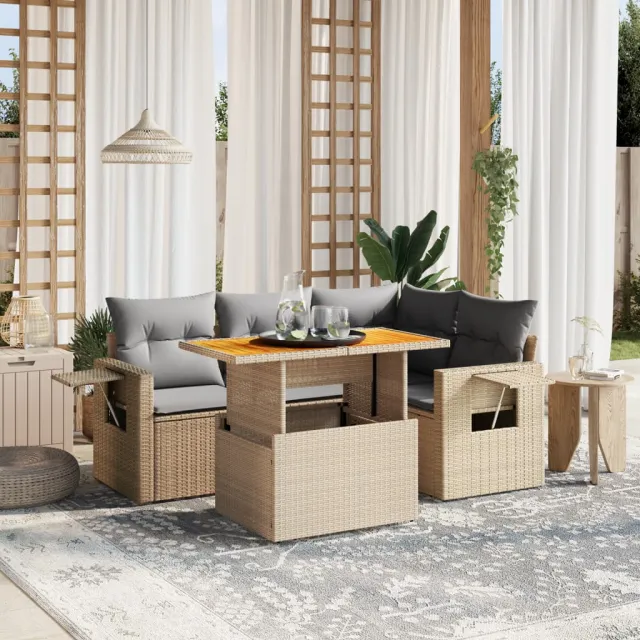 vidaXL 5-delige Loungeset met kussens poly rattan beige, foto 2