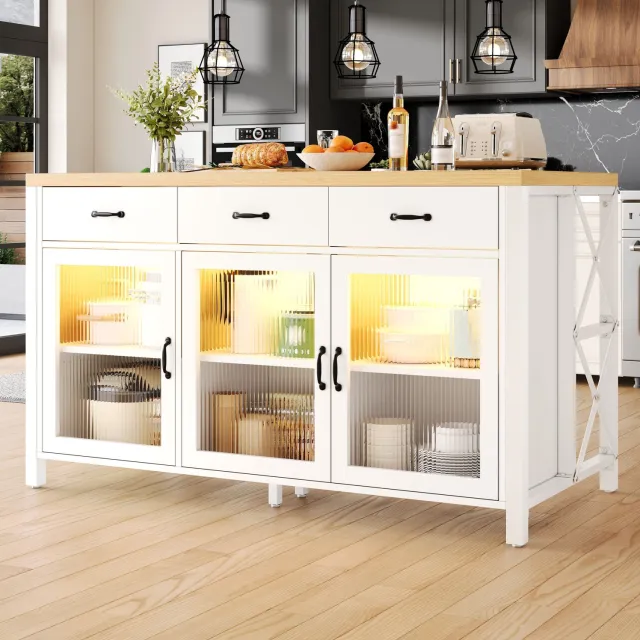 Maisentiel Keukeneiland 150 x 80 x 90 cm met 3 laden, glazen deuren en ledverlichting - wit/naturel Wit en naturel houtkleur