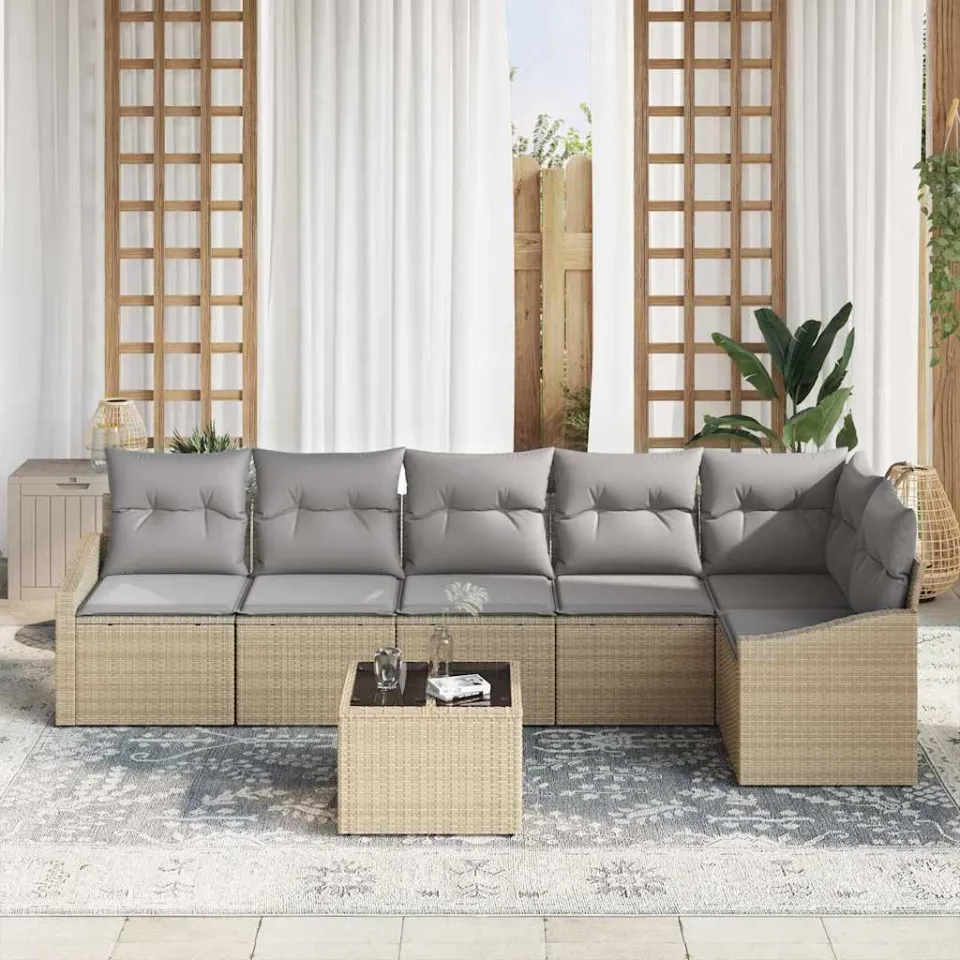 vidaXL Tuinbankenset 7 st Beige en Licht Grijs poly rattan, foto 3