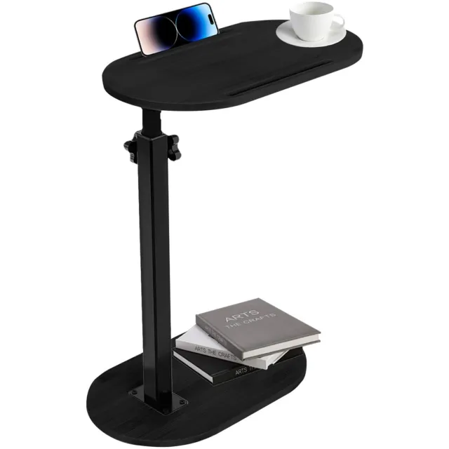 Famanu C-vorm bijzettafel, 360 graden draaibaar en in hoogte verstelbaar, kleine salontafel van bamboe en metaal, ideaal voor smalle ruimtes, voor woonkamer en slaapkamer wit