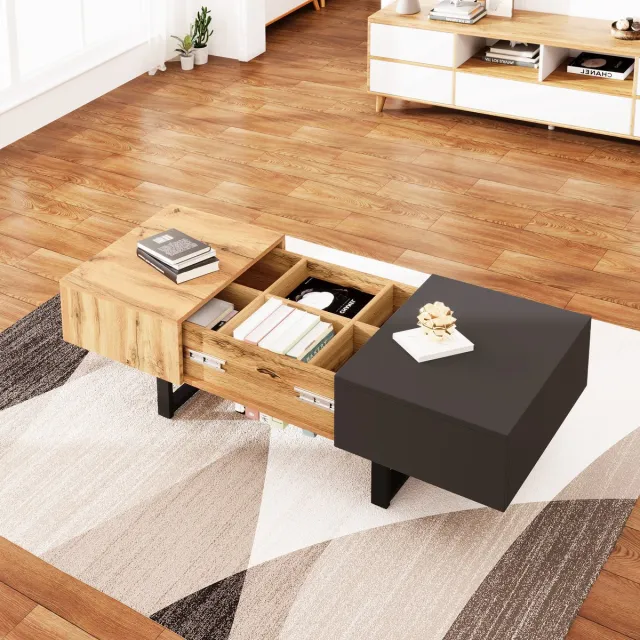 MODENUIT Salontafel - Uitschuifbaar Met Opbergvakken - Voor Woonkamer En Kantoor - Spaanplaat - 100x40x55 Cm Zwart
