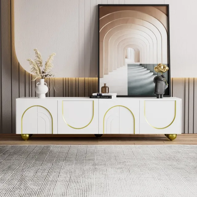 MUVANO Tv-meubel wit met goud - Lowboard 170 cm breed - Tv-kast met 4 deuren-Luxe opbergmeubel - 170x38x44 cm- Push-to-open systeem- Woonkamer Wit Goud