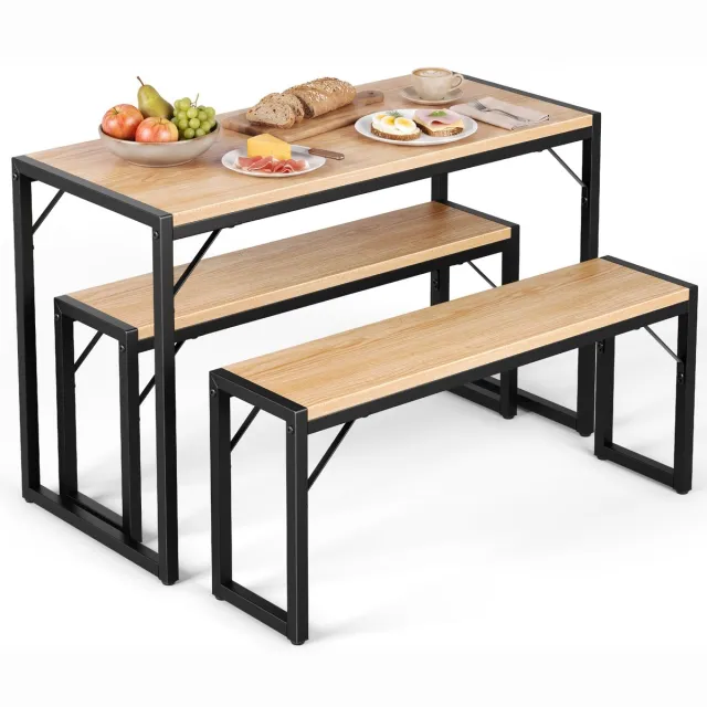Hokeeper eettafel met 2 banken – ruimtebesparende eetkamerset – keukentafel met zitbanken – industriële eethoek voor keuken, eetkamer, appartement en restaurant – lichtbruin – 112 × 50 × 74 cm