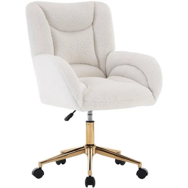 Merax Teddy Bureaustoel in Wit – Verstelbare Draaistoel met Gouden Onderstel – Ergonomische Home Office Stoel met Wielen en Comfortabele Zitting