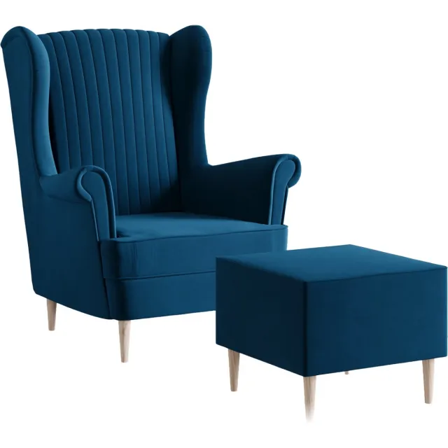AJE Meubles B.V. Ohrensessel, fauteuil van fluweel, stoel, zitmeubel, gestoffeerde fauteuil, relaxfauteuil - Fauteuil Comfy met Hocker - Blauw (Manila 25)