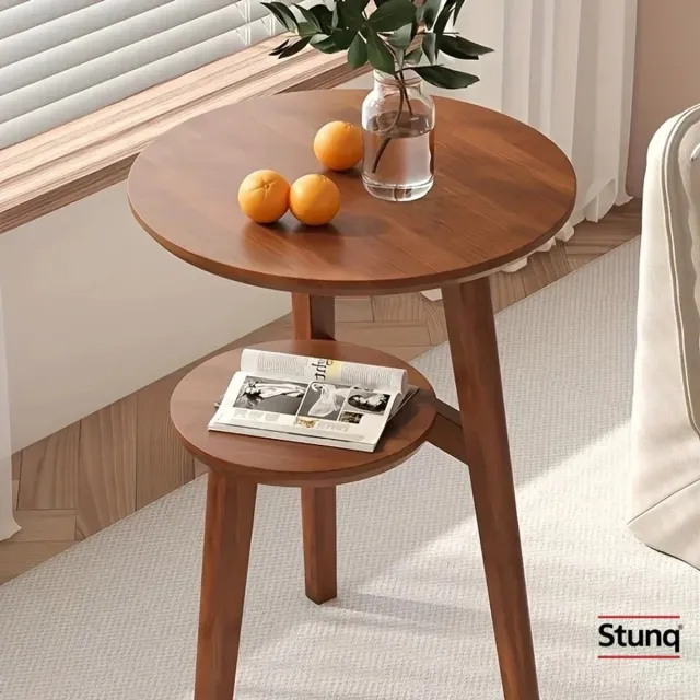 Stunq Ronde Bamboe Bijzettafel Bruin – 2-Laags Massief Houten Tafeltje