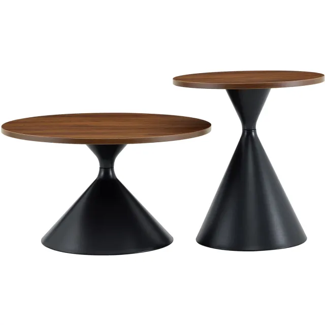 Ropilly Salontafel Set van 2 - Inschuifbaar - Walnoot Look & Zwart Metaal - Woonkamer - Walnoot/Zwart Notenhout + zwart