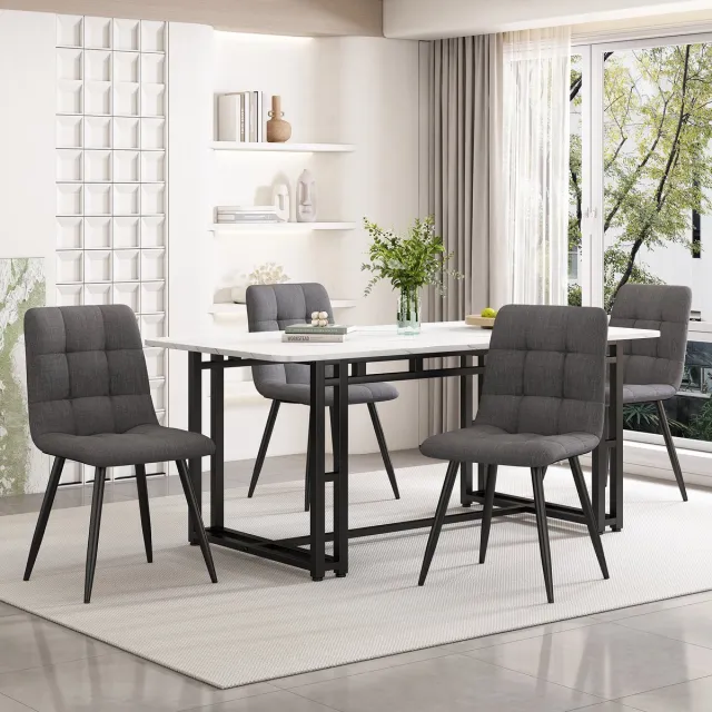 Sweiko 140x80cm Zwarte eettafel set met 4 stoelen, moderne keuken eettafel set, donker grijs linnen eettafel stoelen, zwart ijzeren been tafel