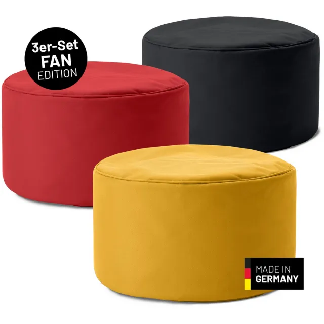 Lumaland 3-delige set zwart + rood + goud | elk 1 zwarte, rode en gele poef | 3-in-1: zitzak, krukje en tafeltje voor binnen en buiten Zwart | Rood | Goud