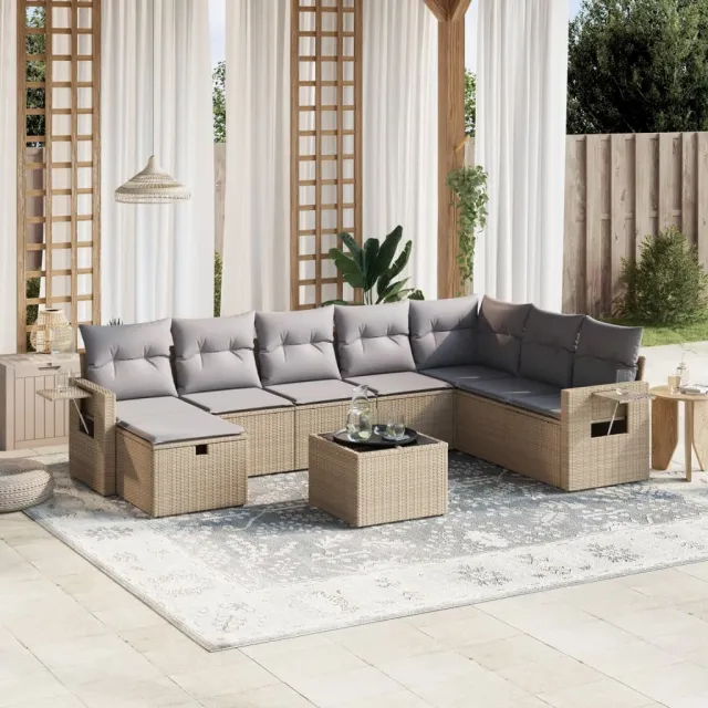 vidaXL 9-delige Loungeset met kussens poly rattan gemengd beige, foto 2