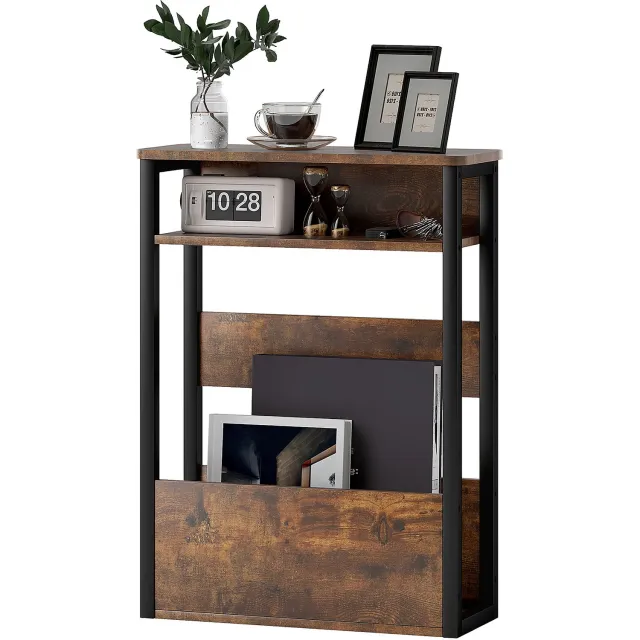 Lunpog Bijzettafel met opbergruimte, smalle bijzettafel met opbergvak, smalle nachtkastje met 3 planken, kleine salontafel voor kleine ruimtes, slaapkamer, woonkamer, kantoor (rustiek bruin) Zwart/Bruin