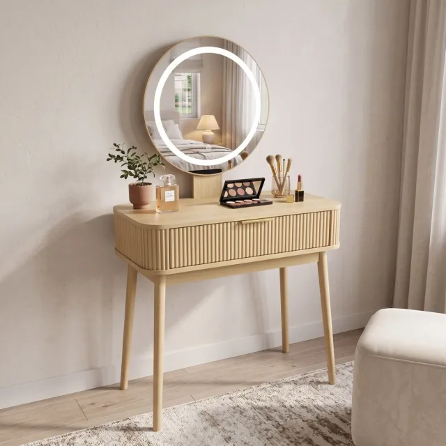 DESMIU Kaptafel – Ledverlichting Met Spiegel – 80 x 40 x 133 cm – MDF En Spaanplaat – Eikenkleur – Slaapkamer – Grote Laden
