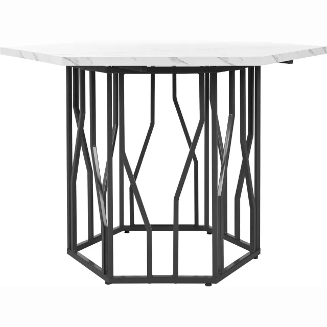 SONNENH Zeshoekige eettafel - MDF met witte marmerlook - Metalen onderstel - 115,5 x 100 cm Witte marmerlook / Zwart