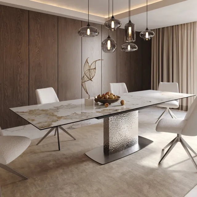 DELIFE Eetkamertafel Edge keramiek Minas Melange wit-beige 200-300x100 Wave RVS uitschuifbaar Weiß-Beige