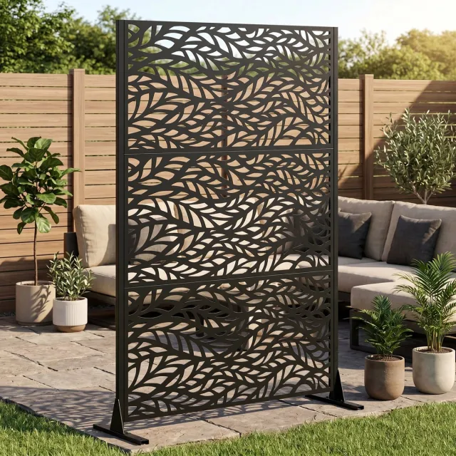 Pugsdrly Metalen privacyscherm voor buiten, vrijstaand, 183 x 116 cm decoratieve metalen schuttingpanelen met stabiele voet, draagbare scheidingsschermen voor terras, veranda, balkon, achtertuin, tuin Zwart