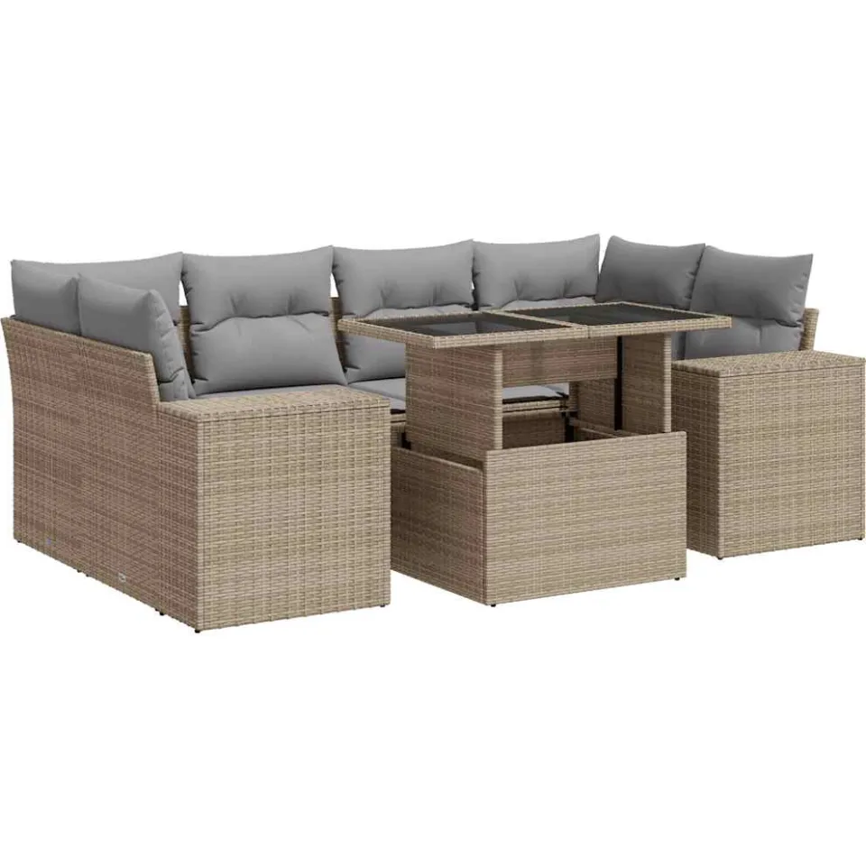 vidaXL 7-delige Loungeset met kussens poly rattan beige, foto 3