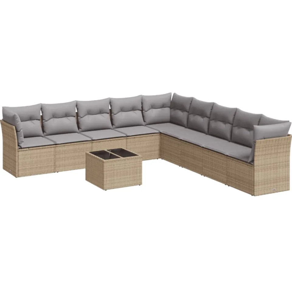 vidaXL 10-delige Loungeset met kussens poly rattan beige, foto 3