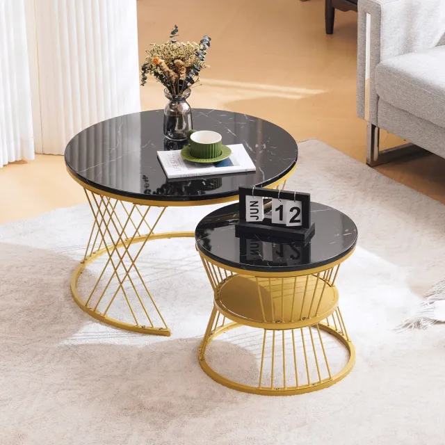 COVREO Salontafel set van 2 rond 70 x 70 x 47 cm - hoogglans marmerlook fineer, zwart met goudkleurig frame