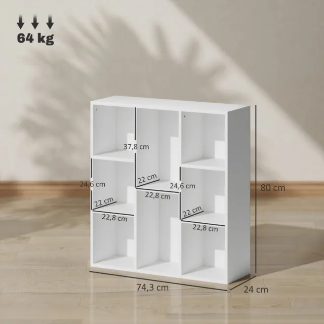 MODENUIT Boekenkast - 8 Open Vakken - Voor Woonkamer, Slaapkamer en Kantoor - Spaanplaat - Wit - 74,3x24x80 Cm