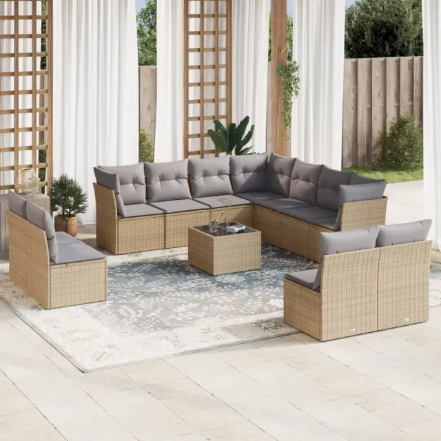vidaXL 12-delige Loungeset met kussens poly rattan beige, foto 2