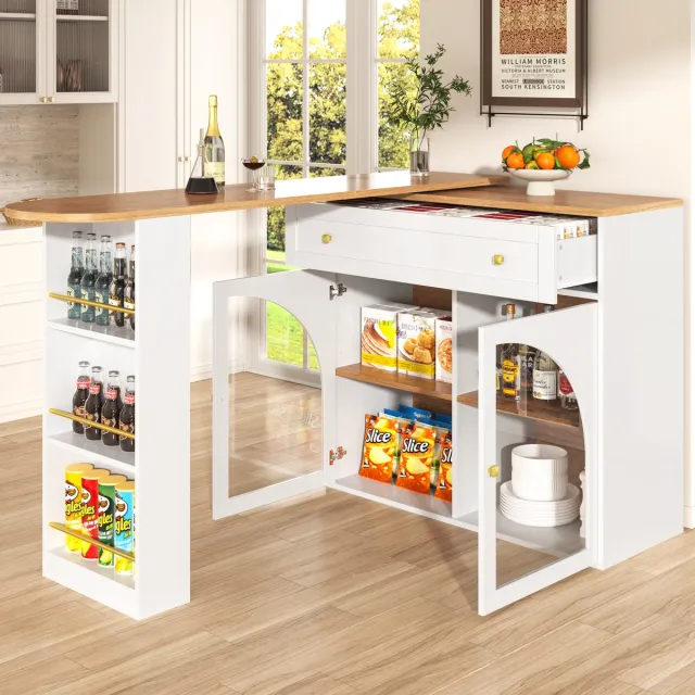 FloraGrace Bartafel - Uitschuifbaar En 360 Graden Draaibaar Met Opbergruimte - Voor Keuken En Woonkamer - MDF - 138-204x39x104 Cm - Wit