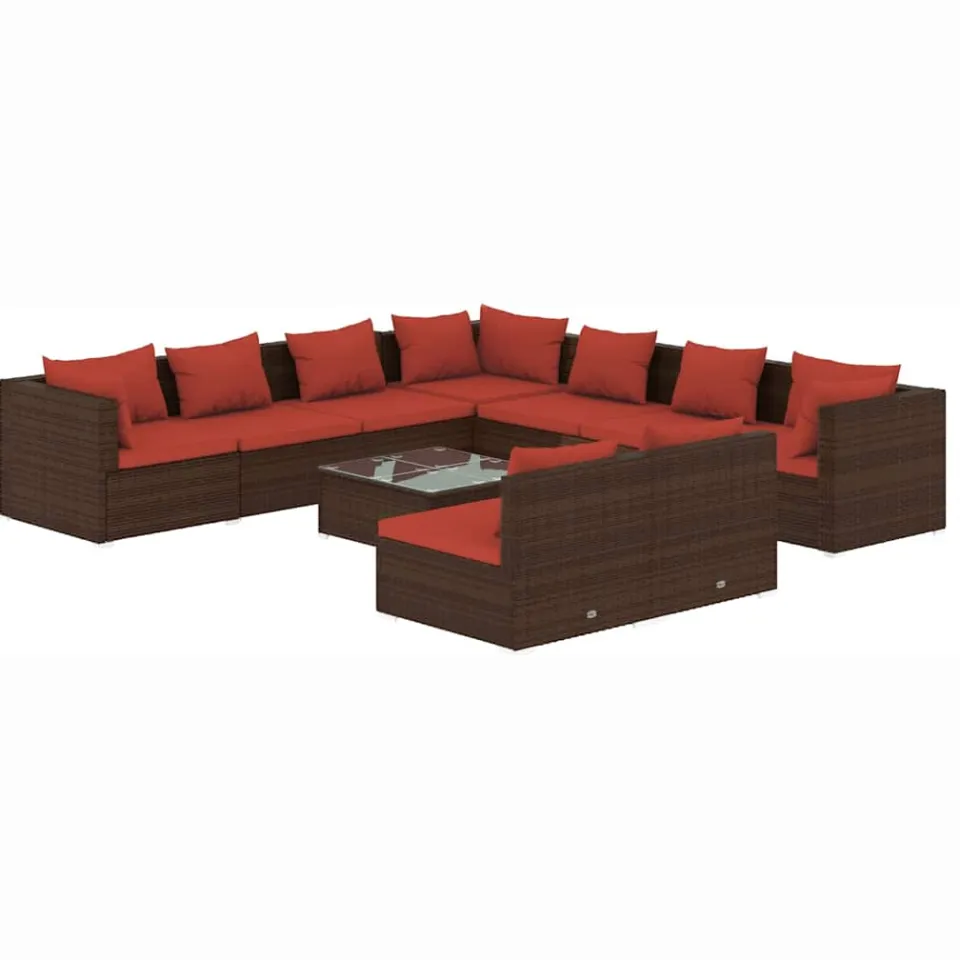 vidaXL 10-delige Loungeset met kussens poly rattan bruin, foto 4