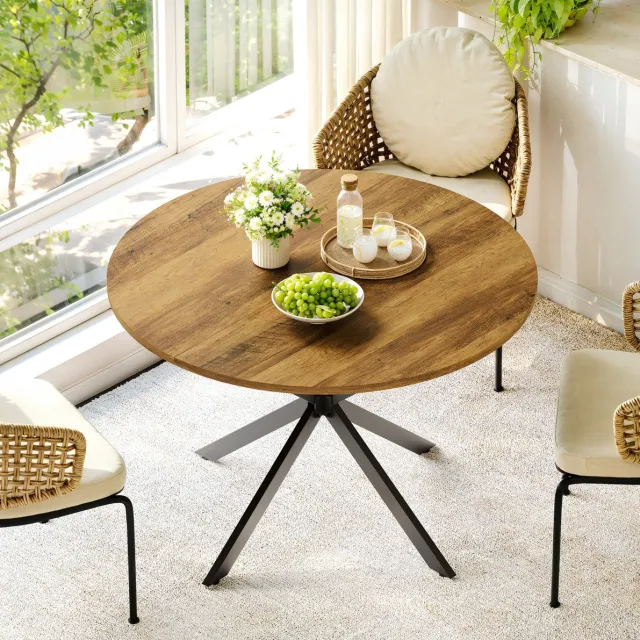 COVREO Ronde eettafel 120 cm – eikenfineer, zwarte X-poot, geschikt voor 4 tot 6 personen Bruin