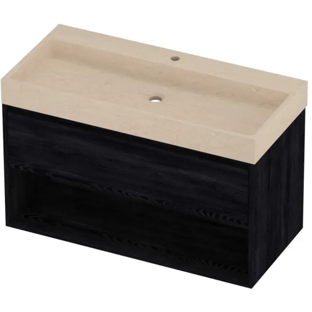 Proline Evoli Badmeubelset Hardsteen Loft 1 Kraangat Met Schap 100x46x62 cm Sand Stone Black Oak Eiken
