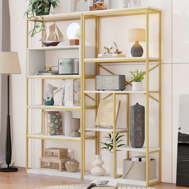 MODFU Boekenkast - Open Rek Met X-Versteviging - Metaal En MDF - Goud Wit - 160x29,5x180 Cm
