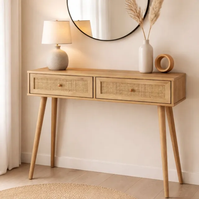 MISOU Bali Sidetable - Console tafel - Kaptafel - Make up tafel - Consoletafel - Haltafel - Woonkamer - Wandtafel - Rotan - Hout - Tafel - met Lades Bruin