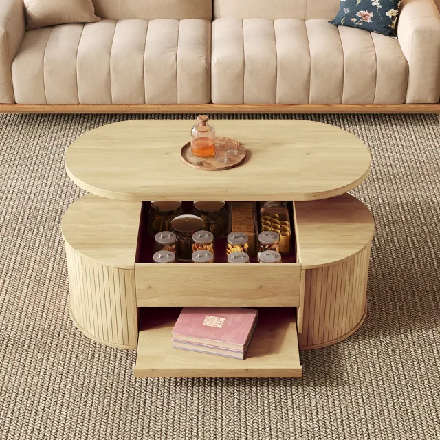 Pugsdrly Opklapbare salontafel, salontafel met gebogen houten zijkanten, uitschuifbare plank, opklapbaar blad, multifunctioneel meubel voor in de woonkamer. Natuurlijk