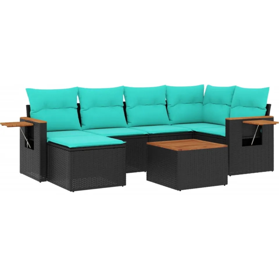 vidaXL 7-delige Loungeset met kussens poly rattan zwart, foto 3