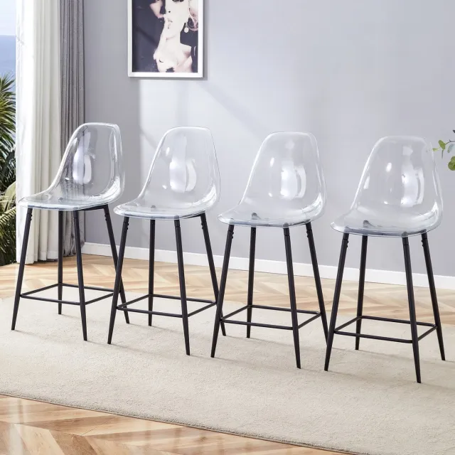 STILVORA Transparante Barkruk Set Van 4 - Met Rugleuning En Voetensteun - Voor Keuken, Bar En Eetkamer - Kunststof En Metaal - Zwart